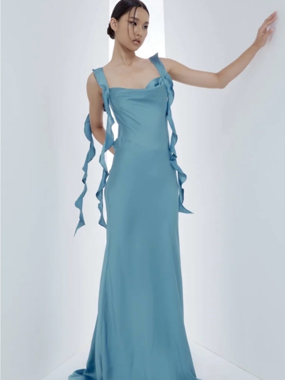 Emerald Blue Satin Maxi Dress with Ribbon Shoulder Ties